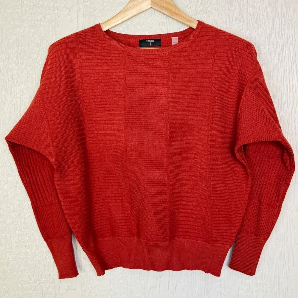 Tahari Womens Rust Red Ribbed Knit Dolman Sleeve Crew Neck Sweater XS